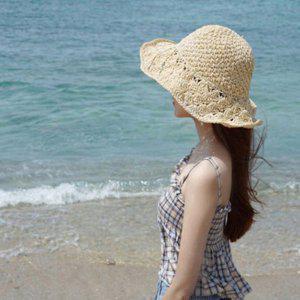휴양지 밀짚 모자 여자 라피아햇 베이지/브라운 백포인트 리본 바캉스룩 비치 해변 바닷가 동남아 여행