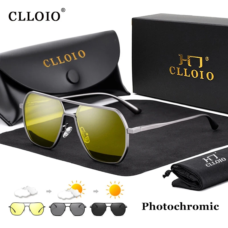 CLLOIO-눈부심 방지 주간 야간 투시경 안경, 남성 및 여성용 편광 운전 선글라스, 사각형 알루미늄 광변색 선글라스, UV400