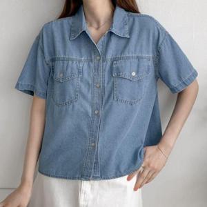 [브이와이][VY] 여자 여름청남방 더블포켓 반소매 언발 진 셔츠