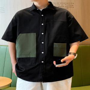 개성있는 패치워크 포켓 캐주얼 남성 반팔 카라 셔츠