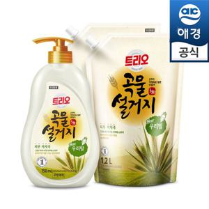 트리오 곡물설거지 주방세제 우리밀 750ml(용기)+1200ml(리필)×2개