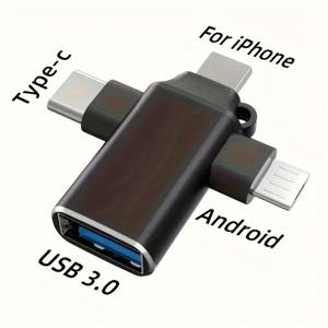 TEMU 3 in 1 USB OTG 어댑터, Type-C, 마이크로 USB 및 라이트닝 커넥터, USB 3.0 데이터 전송 컨버터, 태블릿, 하드 디스크 드라이브, iPhone용 컴팩트 디자인 - 앱 필요 없음 (크기: 1.65인치 x 1.49인치)