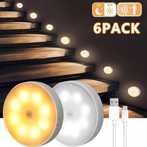 TEMU 6-팩 LED 모션 감지 실내 램프 - 8LED, USB 충전식 자석 부착식 야간 램프 계단, 옷장, 침실, 침대 옆, 신발장용 듀얼 조명 모드(쿨 화이트/웜 화이트)