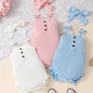 TEMU 3pcs 아기 솔리드 컬러 리브 삼각형 바디수트, 캐주얼 버튼 장식 민소매 롬퍼, 유아 및 유아용 여아 원피스 여름용, 선물용