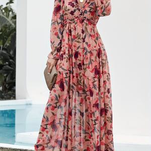 TEMU Floral Print Pleated Dress, 휴가 V 넥 롱 슬리브 맥시 드레스, 여성 의류|쉬폰원피스