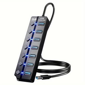 TEMU USB 3.0 허브, 7포트 USB 데이터 허브 분배기, 3피트 길이의 케이블 USB 연장 케이블 포함, 노트북, 컴퓨터, Surface Pro, PS4/5, 플래시 드라이브, 모바일 하드 드라이브에 적합 - LED 개별 켜기/끄기 기능 포함