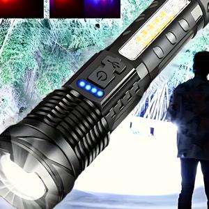 TEMU 1대 USB 충전식 고출력 LED 손전등, 측면 조명 및 빨강-파랑 경고 표시등, 150-350 루멘, 휴대용 손전등, 7가지 모드, ABS 소재, 줌 기능, 최대 200m 범위, 걷기, 달리기, 하이킹, 캠핑, 낚시 및 비상 상황에 사용 가능