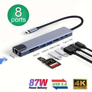 TEMU 8-in-1 USB C 허브, 87W 전원 공급, 이더넷 포트가 있는 Type C 도킹 스테이션, USB 3.0, SD/TF 카드 리더기, 4K Ultra HD, 마우스, 키보드, USB 디스크, 프린터 등용 - 소형 및 휴대용