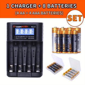 TEMU POWERKAN 고용량 충전식 AA & AAA 배터리 충전기 세트, USB 충전, 니켈 배터리, ≤36V, 1 ALL4 충전기, 4 AA 800mAh & 4 AAA 300mAh Ni-MH 배터리 포함, 5V 2A 퀵 충전 호환