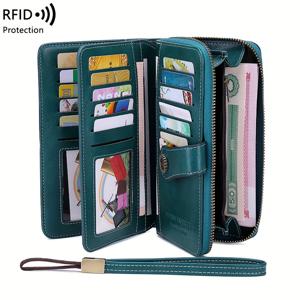 TEMU RFID 레트로 수납 공간이 넉넉한 장지갑 단색 여성용 지갑 손목 스트랩이 있는 다기능 지퍼 지갑