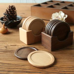 TEMU Set of 6 - Japanese Style Wooden Coasters for Cups, Premium Black Walnut Wood Drink Mats, Elegant Table Accessories for Tea & Coffee