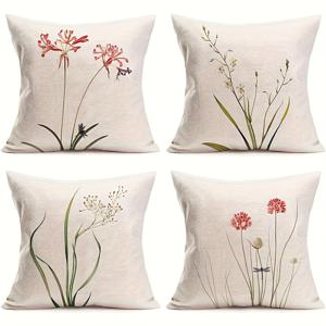 TEMU Rustic Linen Pillow Covers with Floral Designs - Set of 4, 18 x 18 inches, Machine Washable, Zipper Closure, Suitable for Home, Kitchen, and Car Use|베개커버|쿠션커버