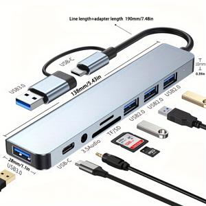 TEMU 맥북 프로/iPad Pro/HP 노트북/갤럭시 폰에 적합한 8-in-1 USB 확장기로 4개의 USB 포트와 1개의 USBC TF/SD 카드 리더, 3.5mm 오디오 출력이 있습니다.