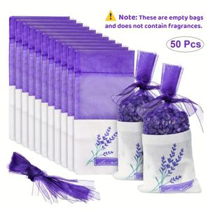 TEMU 50pcs 라벤더 프린트 빈 사세트, 빈 라벤더 자수 캔버스 드로스트링 가방, 서랍/차량 옷장/화장실에 적합 (16.5X7Cm)