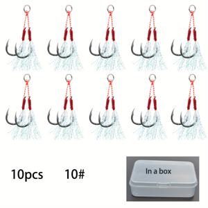 TEMU 10개 더블 피싱 후크, 발광 섬유 포함, 7-100g 메탈 지그 루어용 샤프 탄소강 피쉬훅, 담수 및 염수 낚시, 보관 상자 포함