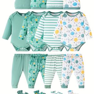 TEMU Baby Boys Happy Outfit 임산부 선물-단색 & 별이 빛나는 하늘 & 줄무늬 & 우주 귀여운 긴팔 탑 + 바지 + 모자 + 장갑 세트|신생아옷