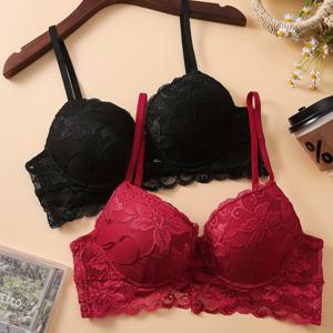 TEMU 여성을위한 2pcs 우아한 레이스 브래지어 세트, 편안한 통기성 Underwire 지원 처짐 방지 푸시 업, 꽃 레이스 세부 사항이있는 측면 유출 교정 란제리