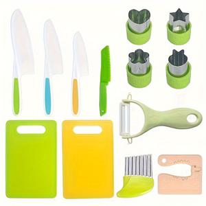 TEMU Montessori Kids Kitchen Tools Set of 13, Real Cooking Supplies for Toddlers, Safe Knife Set for Children Ages 8-12, Child-Friendly Plastic Knives, Cutting Boards, Peeler, Scissors & Cookie Cutters