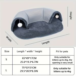 TEMU 2-in-1 고양이 터널 침대, 미끄럼 방지 바닥 및 놀이 매트, 따뜻한 쿠션 및 플러시 장난감 공이 있는 다기능 애완 동물 휴식처, 4kg 미만 고양이를 위한 분리 가능한 폴리에스터 키티 라운지 - 아늑하고 장난기 있는 고양이 집.