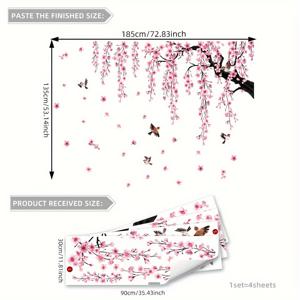 TEMU 핑크 벚꽃 나무 벽 스티커 세트, 새가 있는 4장 세트, 침실, 거실, 욕실 장식용 떼어내고 붙이는 벽 스티커 - MS7194-YC