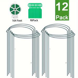 TEMU 12 팩 금속 식물 케이지 및 지지대 세트 - 대형 10 x 24 인치 모란 케이지, 정원 식물 지지대, 식물 묶음 및 태그 포함 - 울타리 또는 개별 지지대로 다재다능하게 사용 - 짙은 녹색
