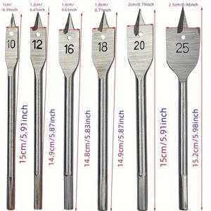 TEMU 6pcs 3 지적 목공 플랫 드릴 목공 드릴, 육각 핸들 구멍 오프너 세트, 플랫 드릴 비트 나무 접시 펀치