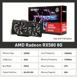 TEMU SEJISHI RX580 8GB 게이밍 그래픽 카드 - AMD, GDDR5, 256비트 PCIe 3.0, 16x, 8핀 전원 공급, DVI 출력