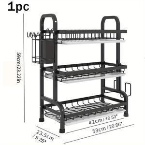 TEMU 3단 디럭스 블랙 접시 건조대 세트 - 칼, 식기, 도마 등을 위한 배수판이 있는 공간 절약형 조리대 보관 솔루션 - 튼튼한 탄소강 주방 정리함, 손쉬운 청소 디자인