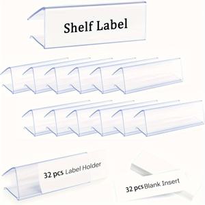 TEMU 32개 투명 플라스틱 선반 라벨 홀더와 빈 인서트 - 헤비 듀티, 비접착 클립, 홈 오피스 정리, 식료품 저장실, 도서관 및 슈퍼마켓 디스플레이용