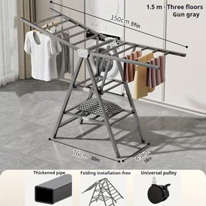 TEMU 조절 가능한 3단 금속 빨래 줄, 공간 절약 접이식 건조대, 실내 및 실외 사용, 옷과 대형 침구 걸기, 산업용 마감|빨래건조대