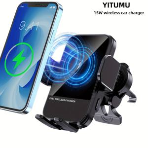 TEMU 1pc YITUMU 15W 고속 무선 자동차 충전기, 자동 클램핑 에어 벤트 마운트, USB Type-C, iPhone, Samsung, LG, Google와 호환 가능 - 배터리 필요 없음