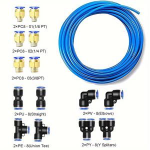 TEMU 아가셰 16피스 공압 튜빙 키트, 폴리우레탄 블루 PU 에어 호스 10m (32.8ft) 세트, 에어 라인 또는 유체 전송용, 범용 퀵 릴리즈 나사 어댑터, 금속 및 PVC 푸시 커넥터 - 누출 방지, 조립 필요 없음