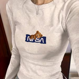 TEMU BIENDOO Y2K 에스테틱 NASA 프린트 긴팔 티셔츠, 코튼 블렌드 크루넥 폼피팅 니트 티, 미디엄 스트레치 애니멀 패턴 풀오버, 여성용 올시즌 패션 탑