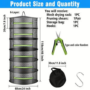 TEMU 2피트 접이식 허브 건조대 지퍼 포함 - 6단 메쉬 걸이망, 씨앗, 버드, 수경재배 식물용 가위 & 후크 포함 - 실내/외부 사용
