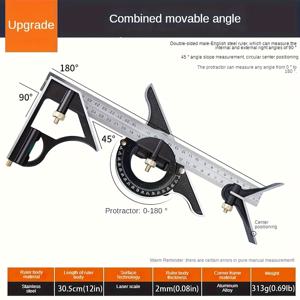 TEMU 12인치 스테인리스 스틸 정사각형 자, 전문 300mm 다기능 각도 자, 목공 대공 정사각형 도구, 정밀 측정, 조절 가능한 해상도, 산업 측정 기기, 배터리 불필요