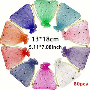 TEMU 50개 혼합 색상 오간자 선물 봉투, 끈 달린 별과 달 무늬, 보석 포장, 웨딩 선물, 어머니의 날, 데이, 생일 파티 용품에 적합합니다.