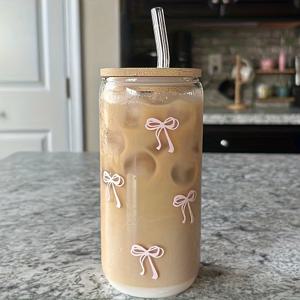 TEMU 500ml/16.9oz Capacity Glass With A Bow Tie Pattern, Lid, And Straw, Designed In The Shape Of A Can. Suitable For Iced Coffee, Tea, Juice, And Milk. Perfect For Birthday Gifts And Everyday Use.