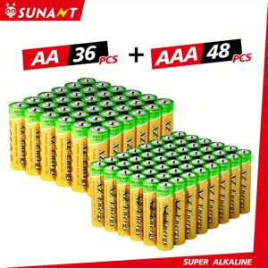 TEMU Sunant Power 알칼라인 장수명 배터리, AA 36개 및 AAA 48개 알칼라인 건전지 세트, LR6 및 LR03, 이중 보호 포장, 수령 시 안전 사용 가능, 가정용, 다양한 가정용 장비, 리모컨, 게임 컨트롤러, 손전등, 마우스, 장난감용