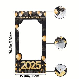 TEMU 2025 새해 포토 부스 배경, 블랙 및 골드 디자인, 폴리에스터, 전원 필요 없음, 파티 장식, 축제 시즌, 크리스마스, 새해, 겨울, 성인 참신 파티 용품, 선물 아이디어 - 가정 및 주방 파티 소품