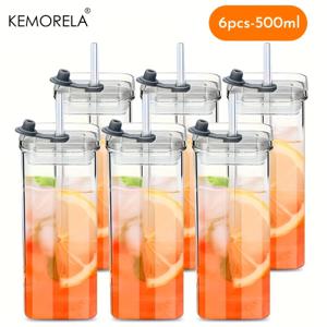 TEMU KEMORELA 유리 물병 4/6 팩 - 380ml/500ml 휴대용 직사각형 음료 용기 뚜껑 및 빨대 포함 - 경량, 내열성, PVC 무료, 뜨거운/차가운 음료에 적합, 크리스마스 및 데이 선물에 적합