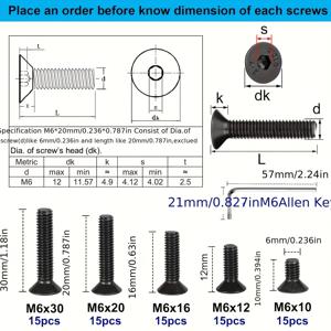 TEMU M3/M4/M5/M6/M8 사이즈의 8/12/16/20/25/30mm 플랫헤드 헥스 소켓 캡 스크류 볼트, 앨런 헥스 드라이브 머신 스크류 세트와 헥스 렌치, 10.9급 합금강 블랙 옥사이드 마감, 완전히 나사가 박힌 상태