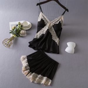 Daeyard 섹시한 레이스 란제리 여성용 실크 잠옷 세트 캐미 및 반바지 2 조각 Pjs Nightwear Satin Sleepwear Home Clothing