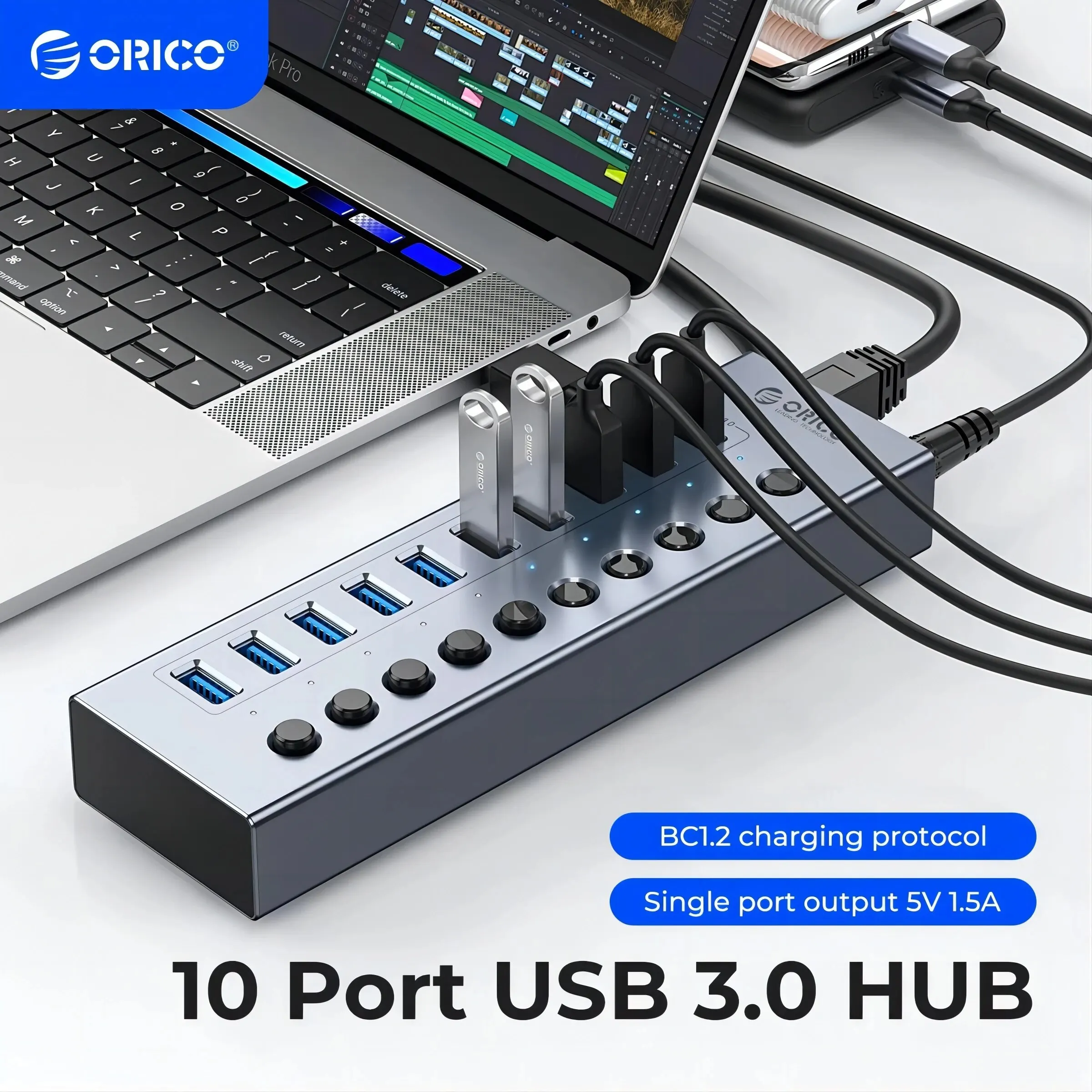 ORICO 전원 USB 허브 분배기 소켓, 멀티 USB 3.0 포트 슬롯, 플러그 온 오프 키 스위치, 도크 멀티탭 어댑터, PC 노트북용