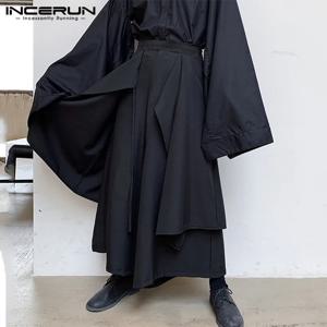 INCERUN 망 넓은 다리 바지 솔리드 조깅 Streetwear 탄성 허리 2023 불규칙 스커트 바지 남성 펑크 Pantalon S-5XL