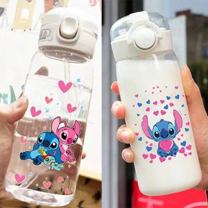 Lilo & Stitch 빨대 병 디즈니 마시는 사무실 투명 휴대용 낙하 방지 어린이 물병, PC 소재, 600 ml, 400ml