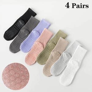 4 쌍 여성을위한 간단한 솔리드 컬러 요가 양말 코튼 중반 송아지 필라테스 양말 실리콘 미끄럼 방지 피트니스 체육관 실내 바닥 양말