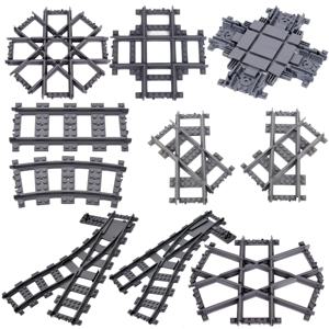 MOC 시티 기차 레일 크로싱, 유연한 트랙 포크, 직선 곡선 레일 스위치, 빌딩 블록 브릭, 창의적인 DIY 장난감