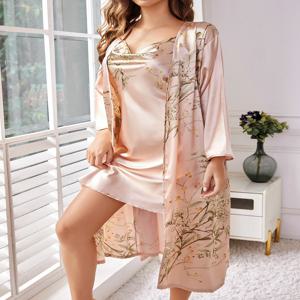 ‌   실크 새틴 꽃무늬 실내복 세트 벨트가 달린 가운 캐미솔 나이트드레스 투피스 우아한 잠옷 올 시즌