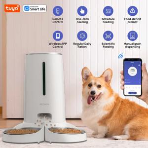 고양이 2마리용 WiFi 자동 고양이 급식기, APP 제어 기능이 있는 4L 고양이 사료 디스펜서, 이중 스테인레스 스틸 그릇, 낮은 음식 경보
