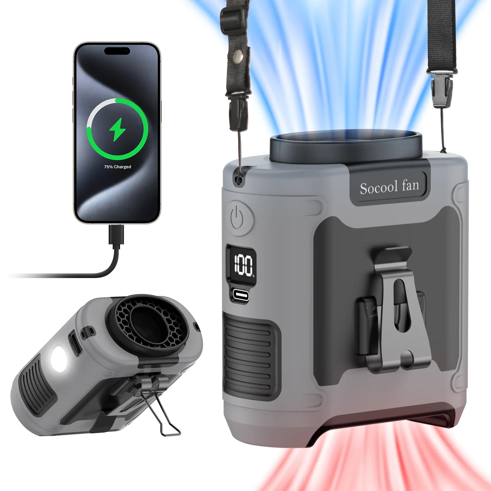 Socool fan 10000mAh 허리 착용 휴대용 선풍기, 강력한 바람, 휴대폰 충전, LED 조명, 손에 들거나 목에 걸어 야외 작업에 적합